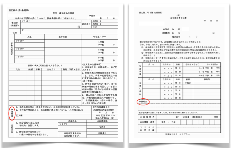 就学援助費の申請理由の書き方